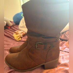 Women's Brown Faux Leather Slouch Ankle Boots with Decorative Buckle